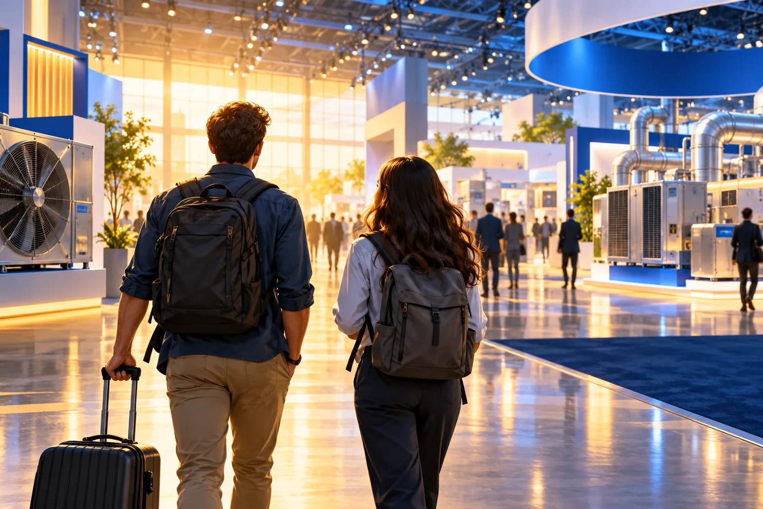 Two students arriving at a mechanical systems conference with travel luggage.