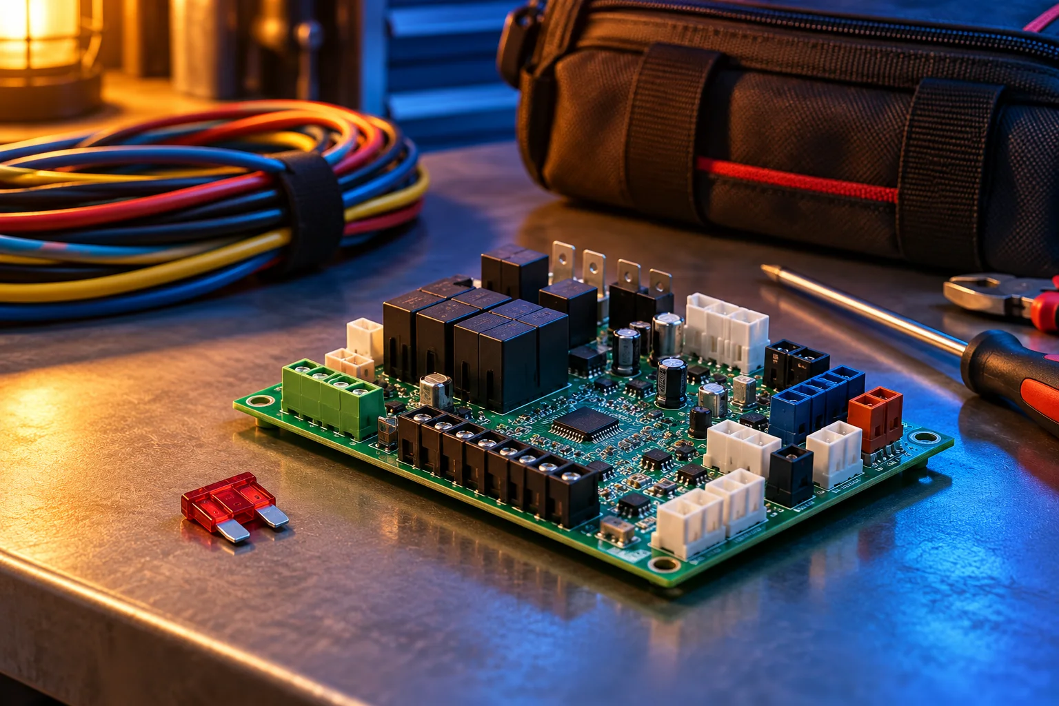 Disconnected HVAC control board and separate blade fuse on a workbench.