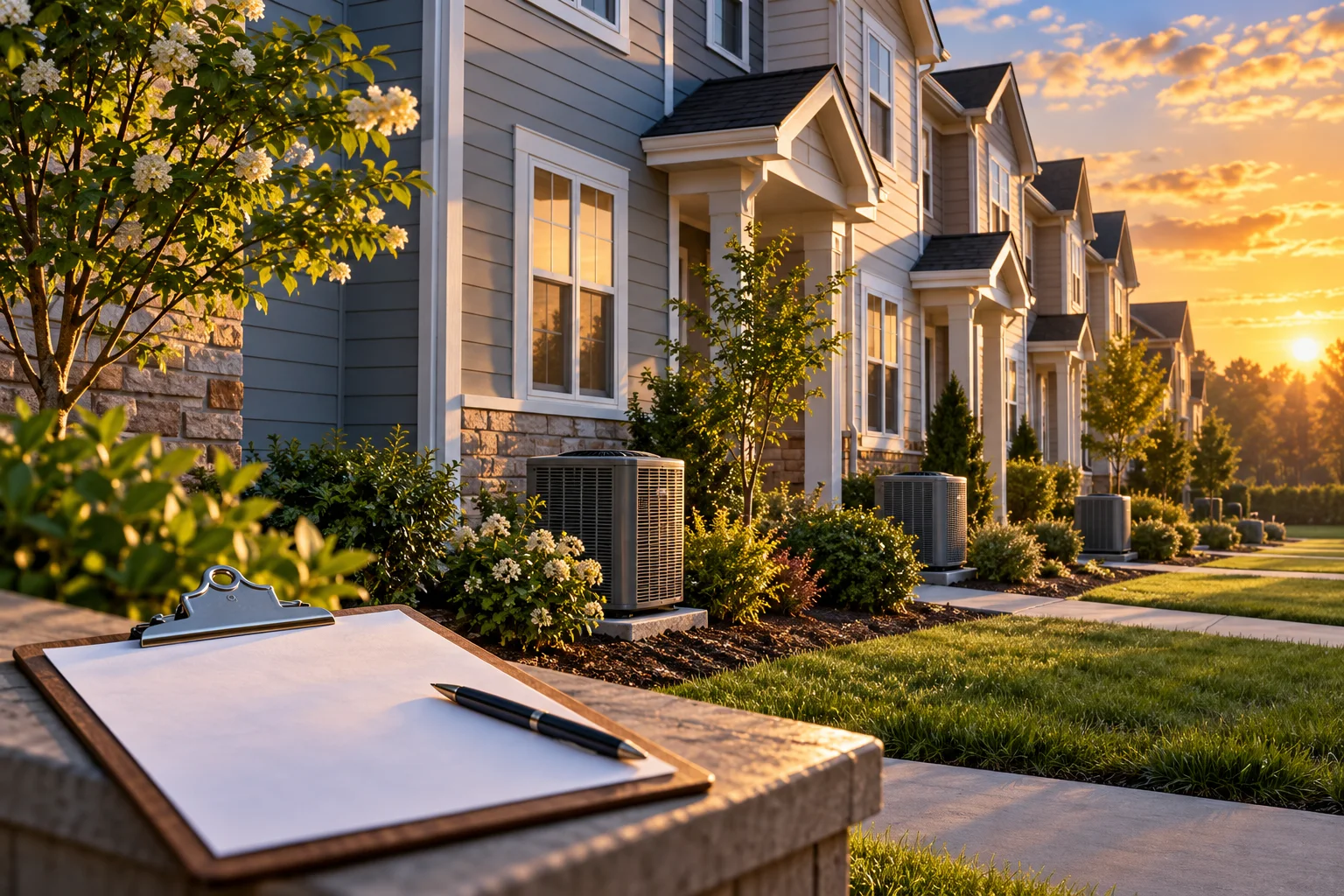 Residential townhouses with outdoor cooling units and an inspection clipboard.